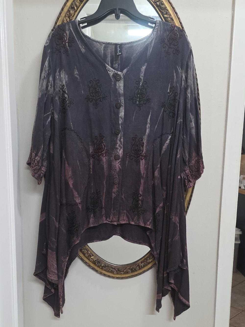 Sacred Threads Embroidered Button Front Tunic Charcoal Gray Dusty Rose Size S/M